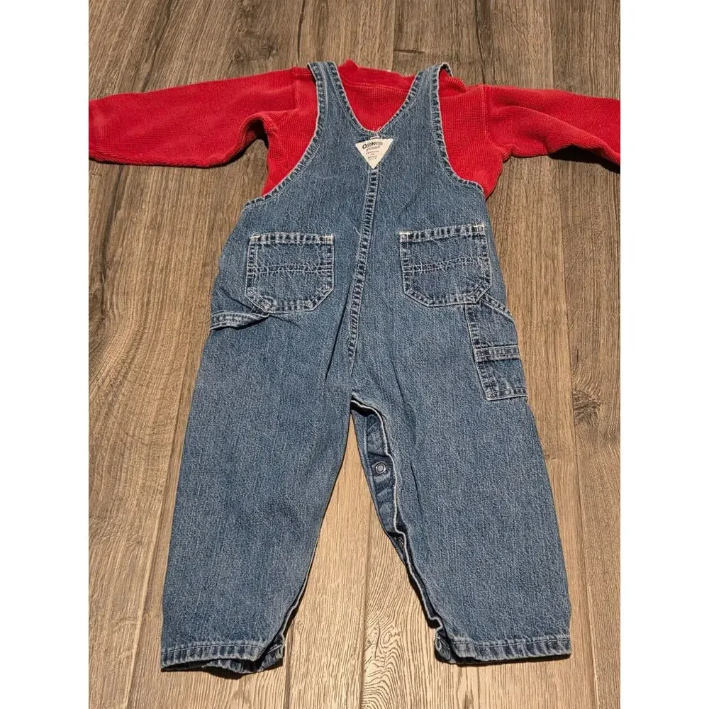 Vintage Y2K Osh Kosh B'Gosh Denim Overalls and Red Theral Shirt Size 24M
